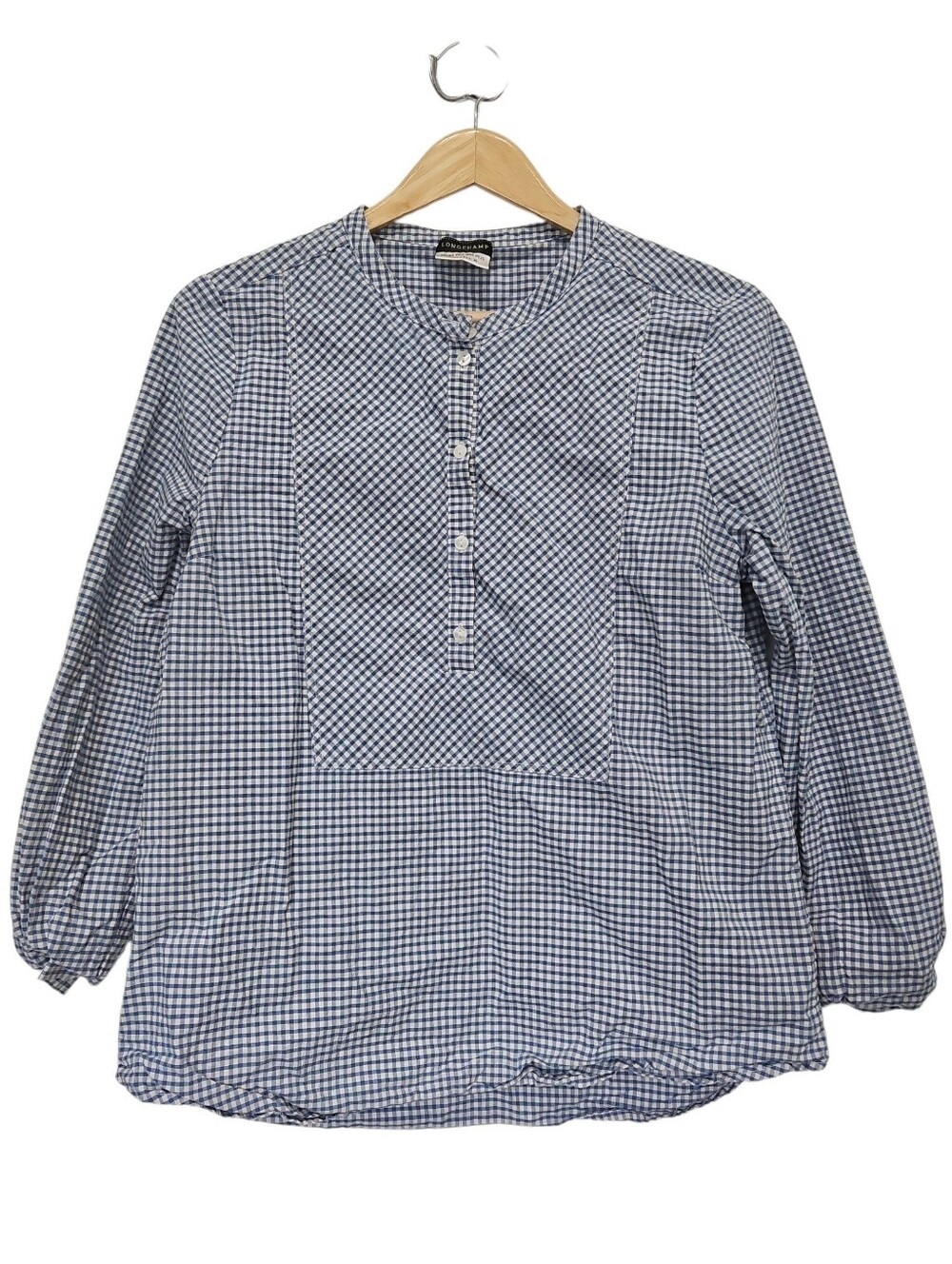 Longchamp Blue & White Gingham Cotton Popover Blouse Size 36 / US 6